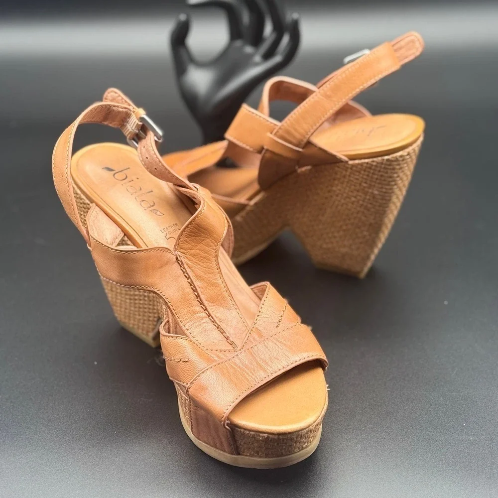 Biala Wedge Sandals Womens Tan Leather Woven Platform T-Strap Buckle Heel